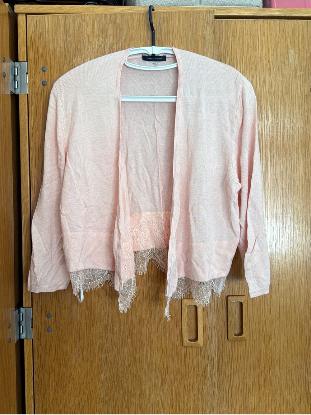 Tommy Hilfiger Light Pink Lace-Trim Open-Front Cardigan